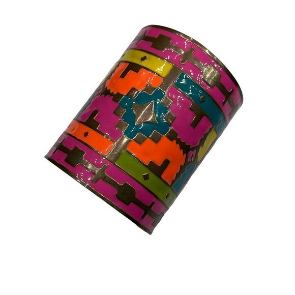 Enamel Tribal Painted Native American Inspired Wide Cuff Bracelet - Picture 1 of 4